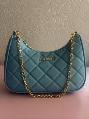 Steve Madden Quilted Shoulder Bag in Sky Blue with Gold Chain Strap
